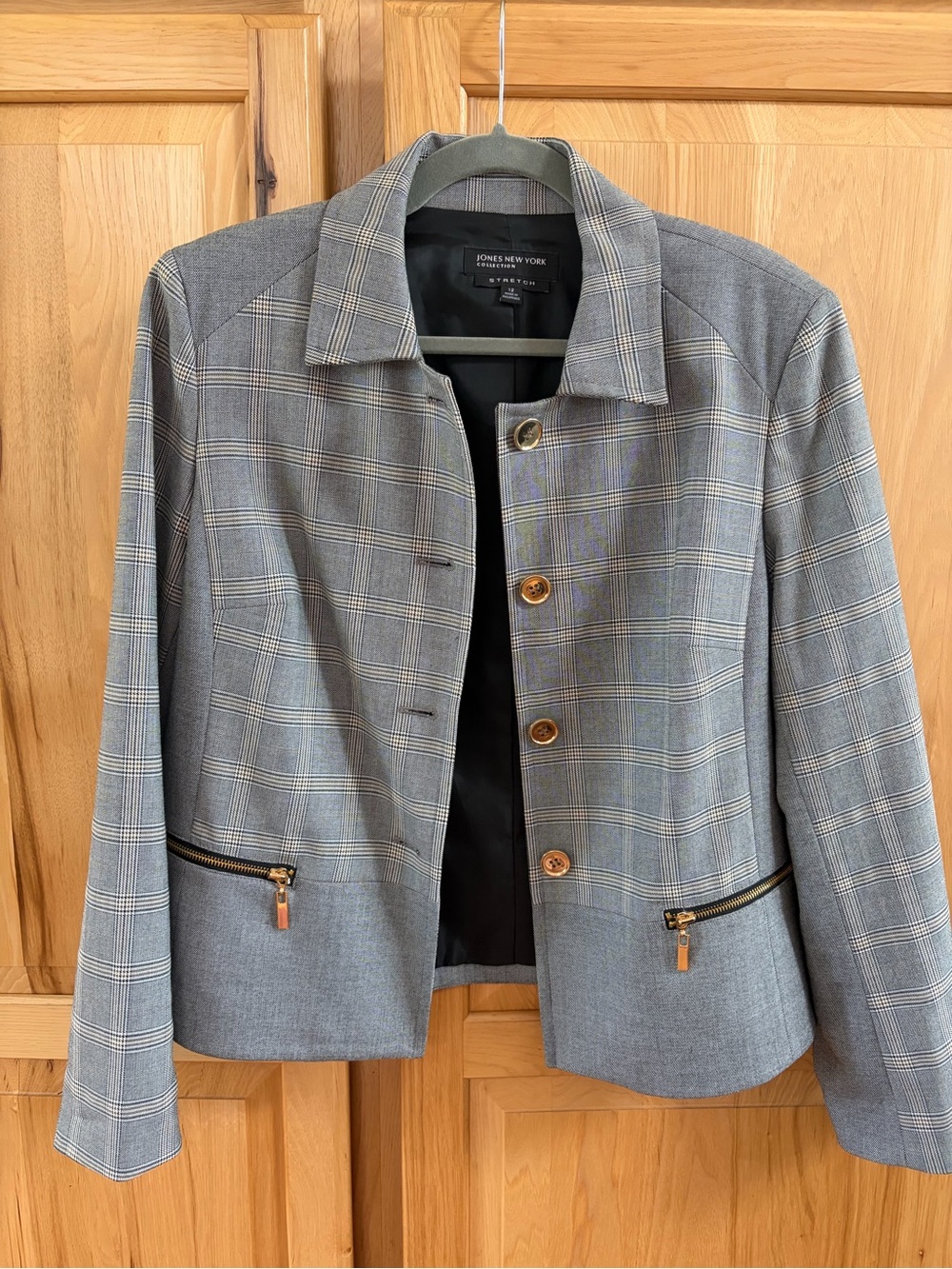 Jones New York Gray Plaid Blazer with Gold Zippers